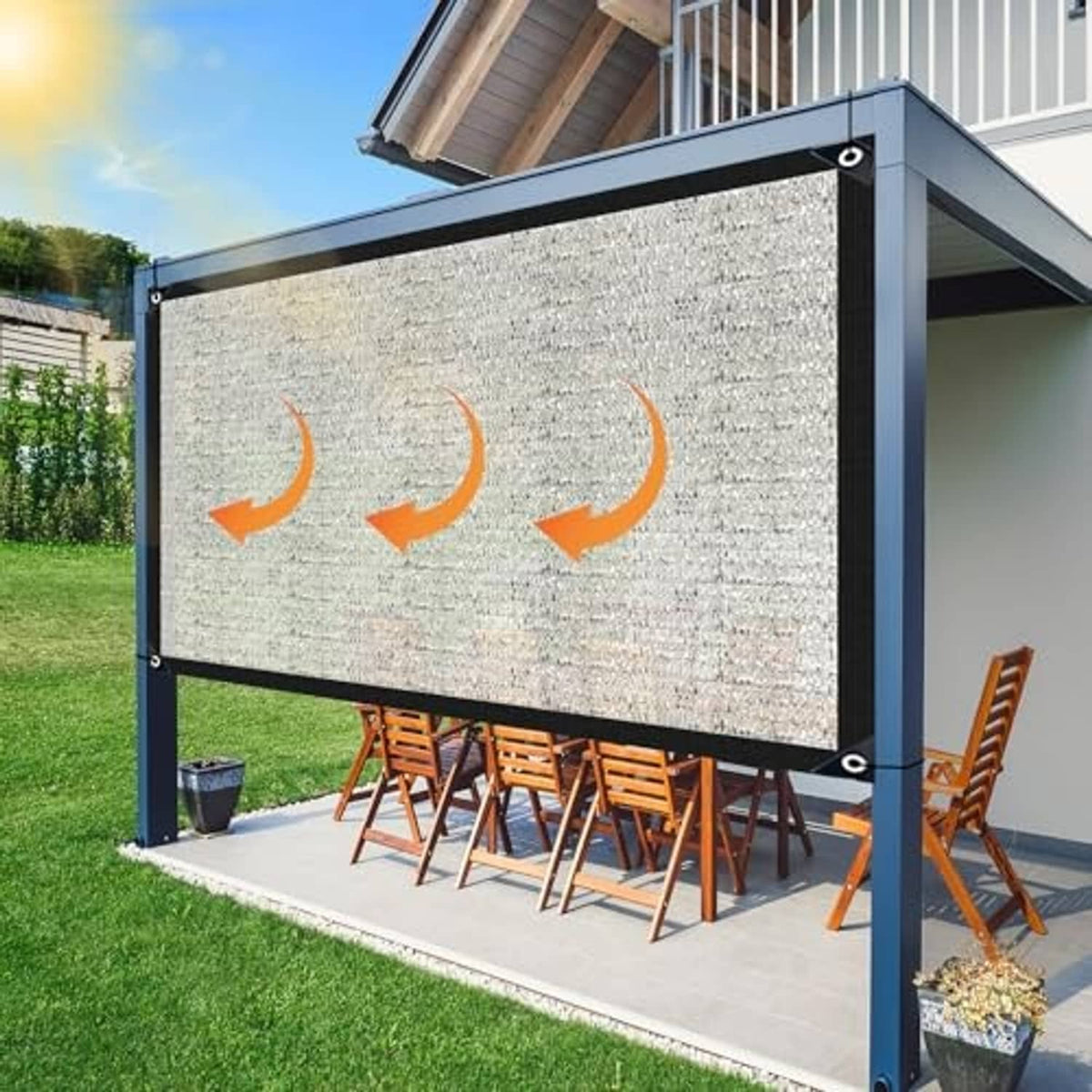 Gray reflective shade cloth awning panel on a black outdoor frame with grommets