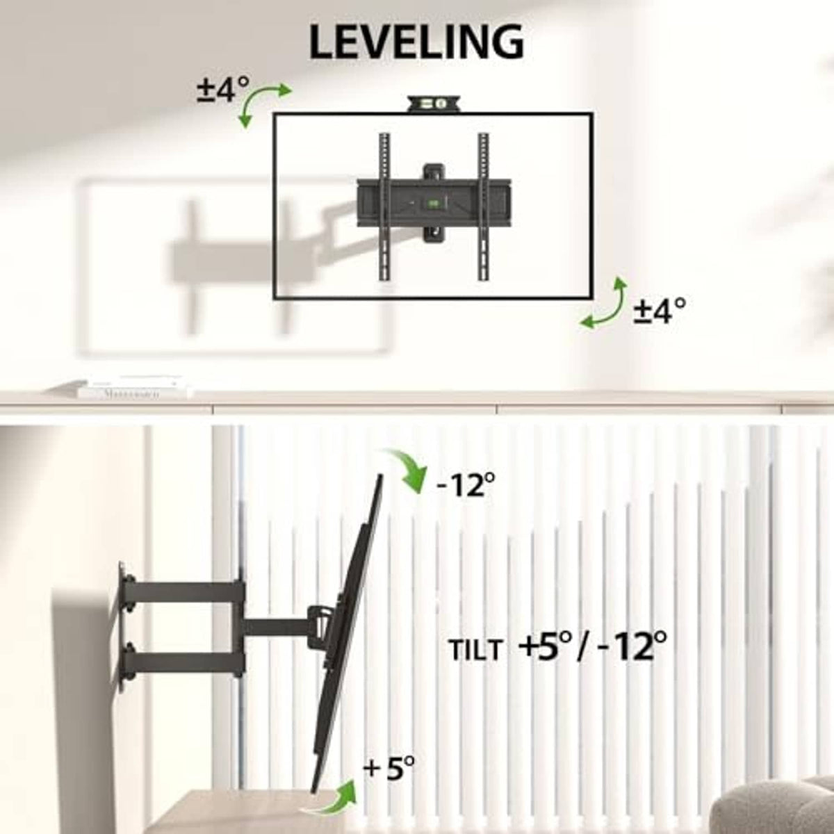 Black TV wall mount bracket with leveling and tilt angle indicators diagram