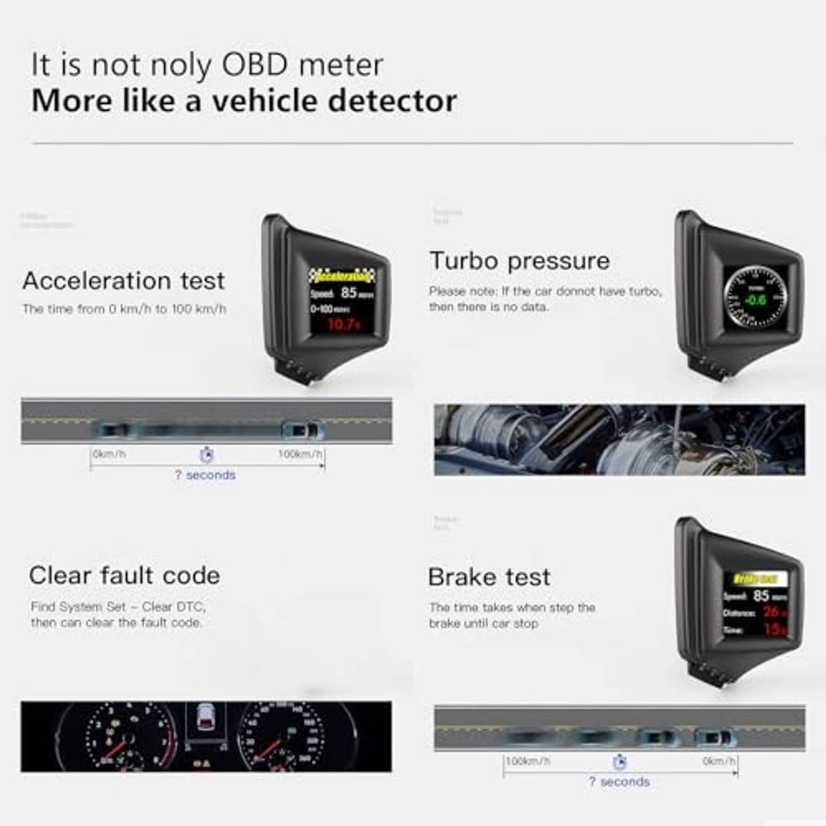 HUD speedometer function diagram: turbo pressure, acceleration, brake test, fault code