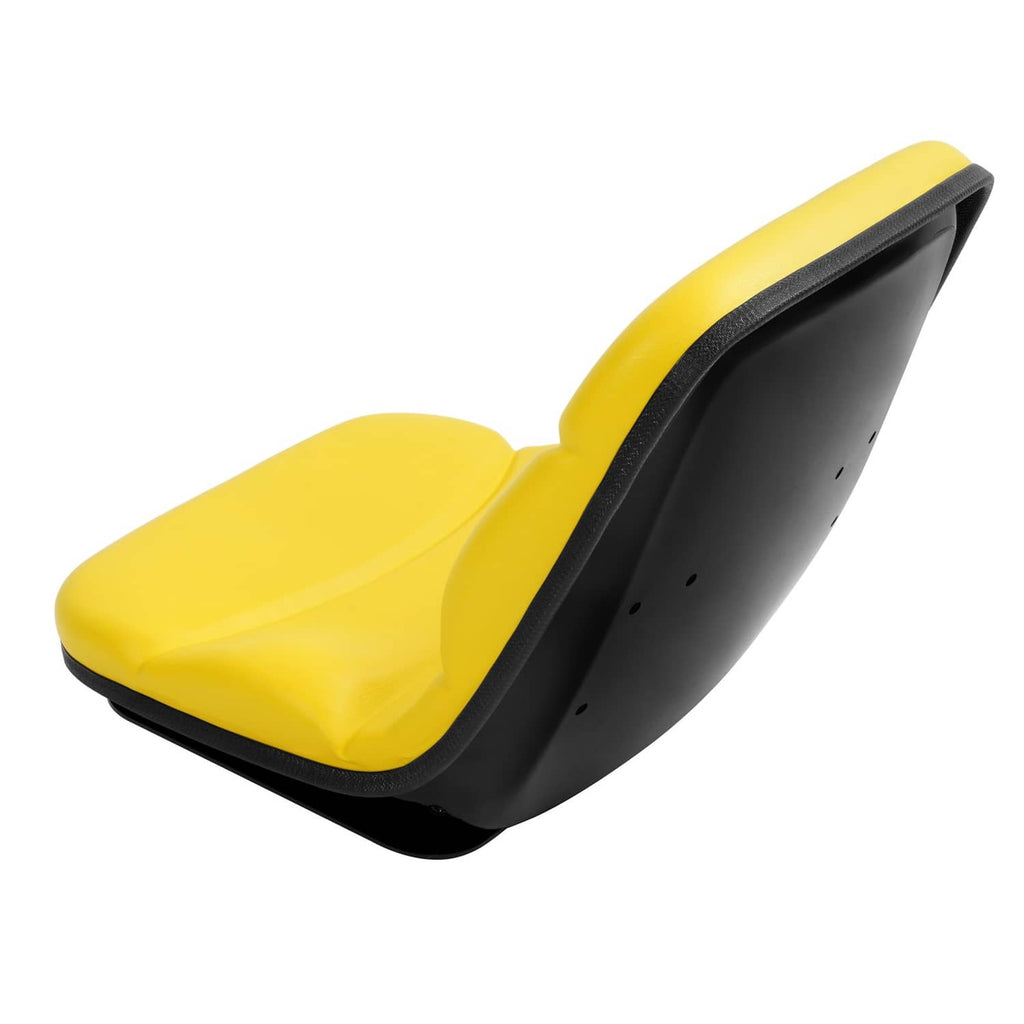 Yellow tractor seat pad with black side frame and curved armrests