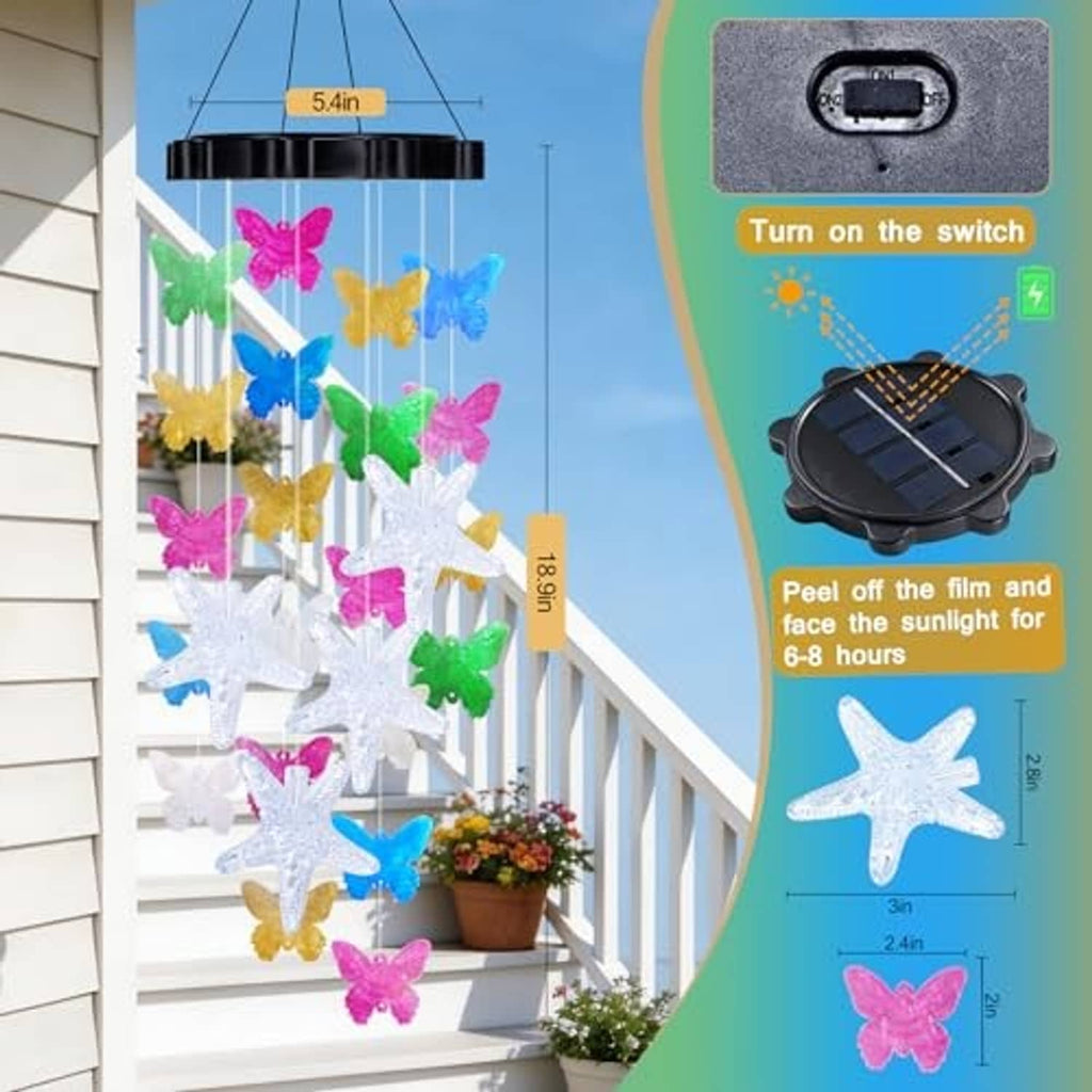 Measured view of multicolor butterfly and starfish solar wind chime for porch
