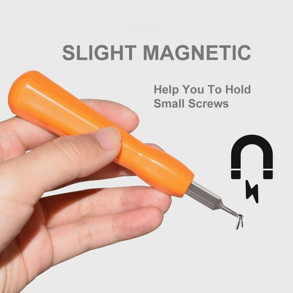 Orange screwdriver held in hand, steel tip shown for small screws; slight magnetic hold
