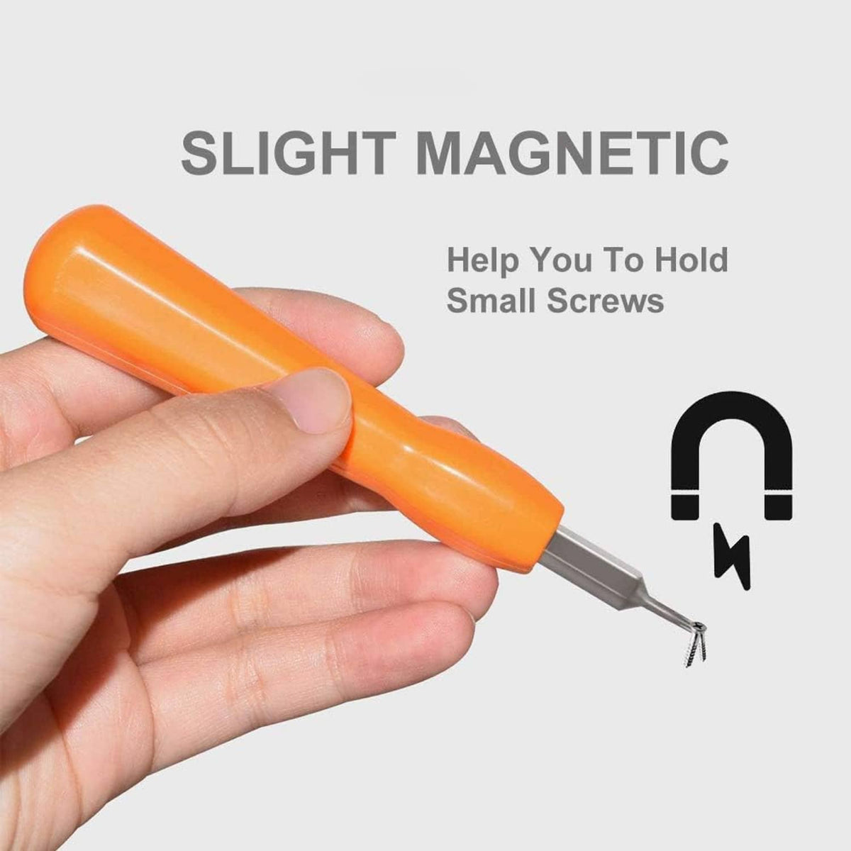 Orange screwdriver held in hand, steel tip shown for small screws; slight magnetic hold