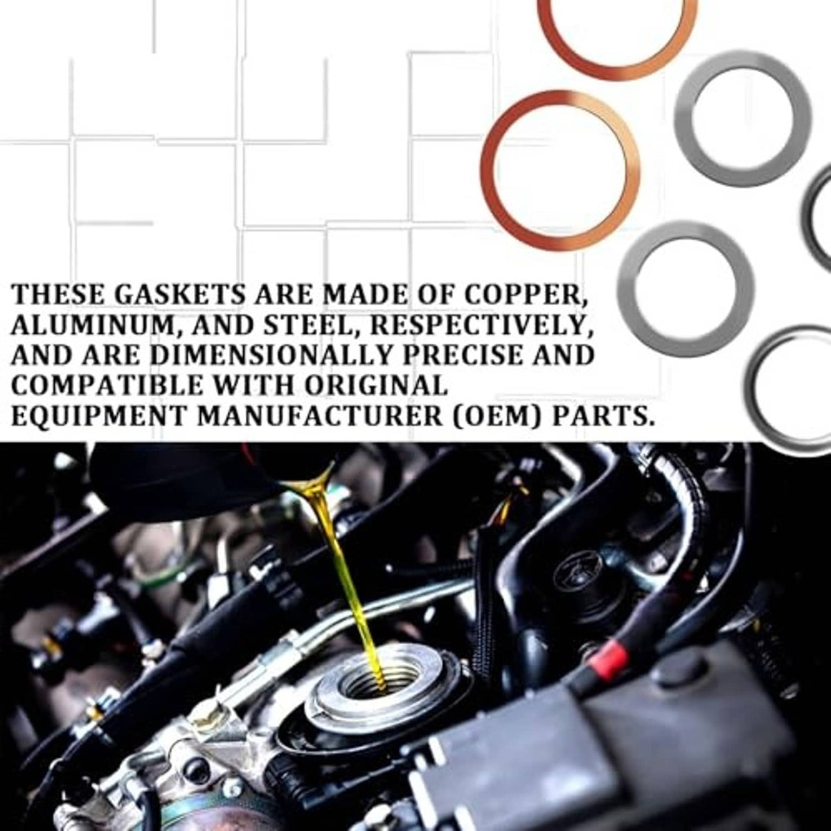 Crush washer gasket set with copper-orange and gray metal sealing rings