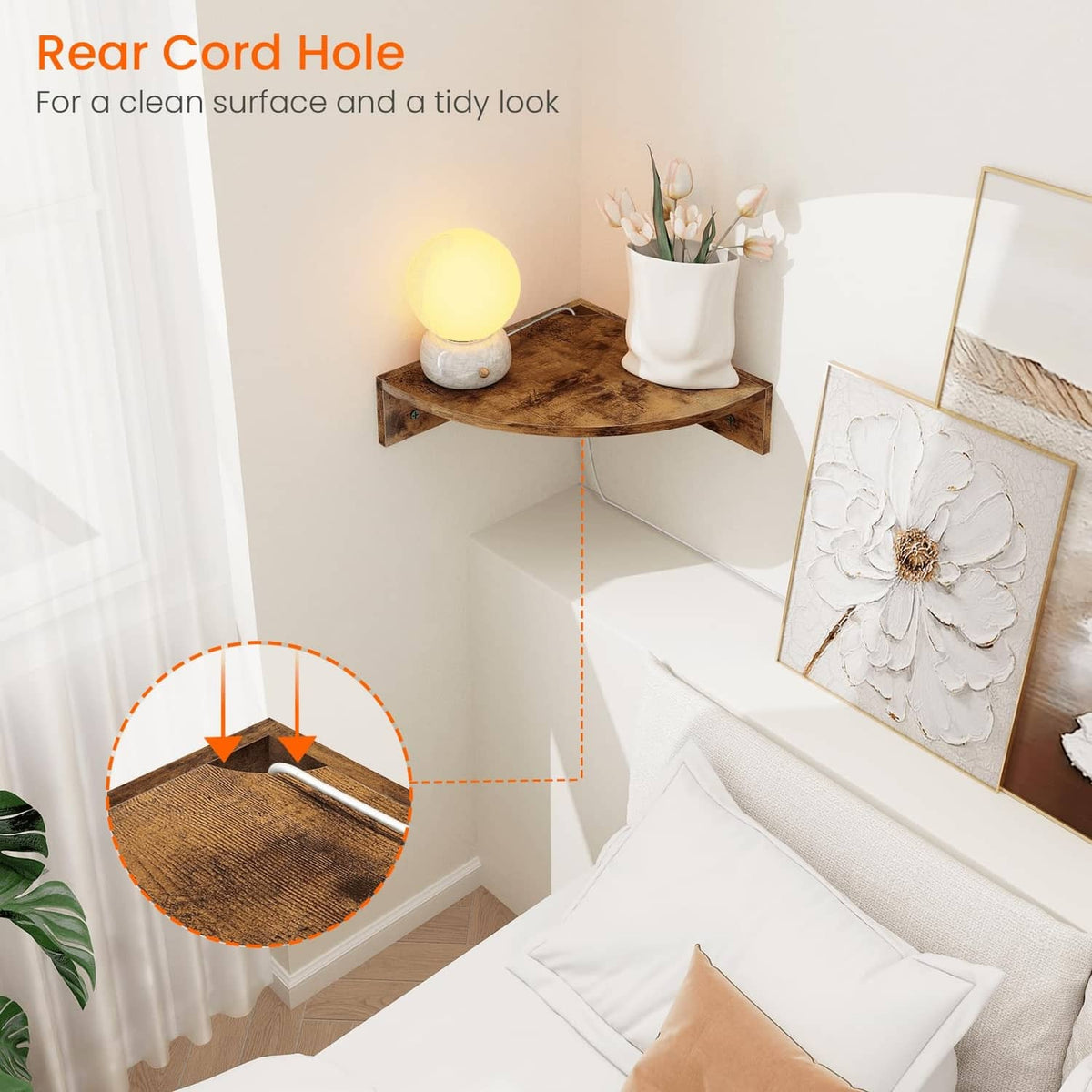 Brown corner floating shelf with clean top surface and visible back corner bracket area