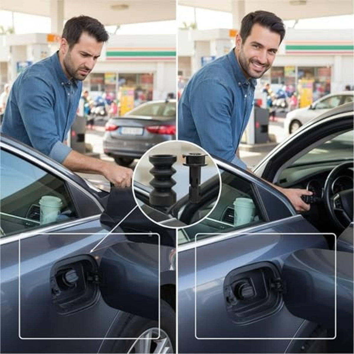 Fuel tank filler door release latch at vehicle fuel door opening, with hands installing.