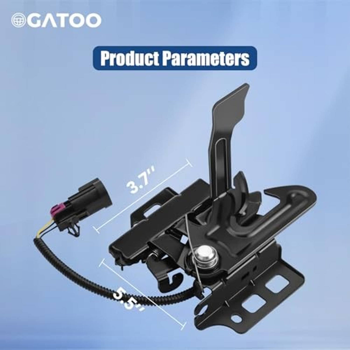 Black hood latch lock assembly with mounting bracket and cable, shown with dimensions