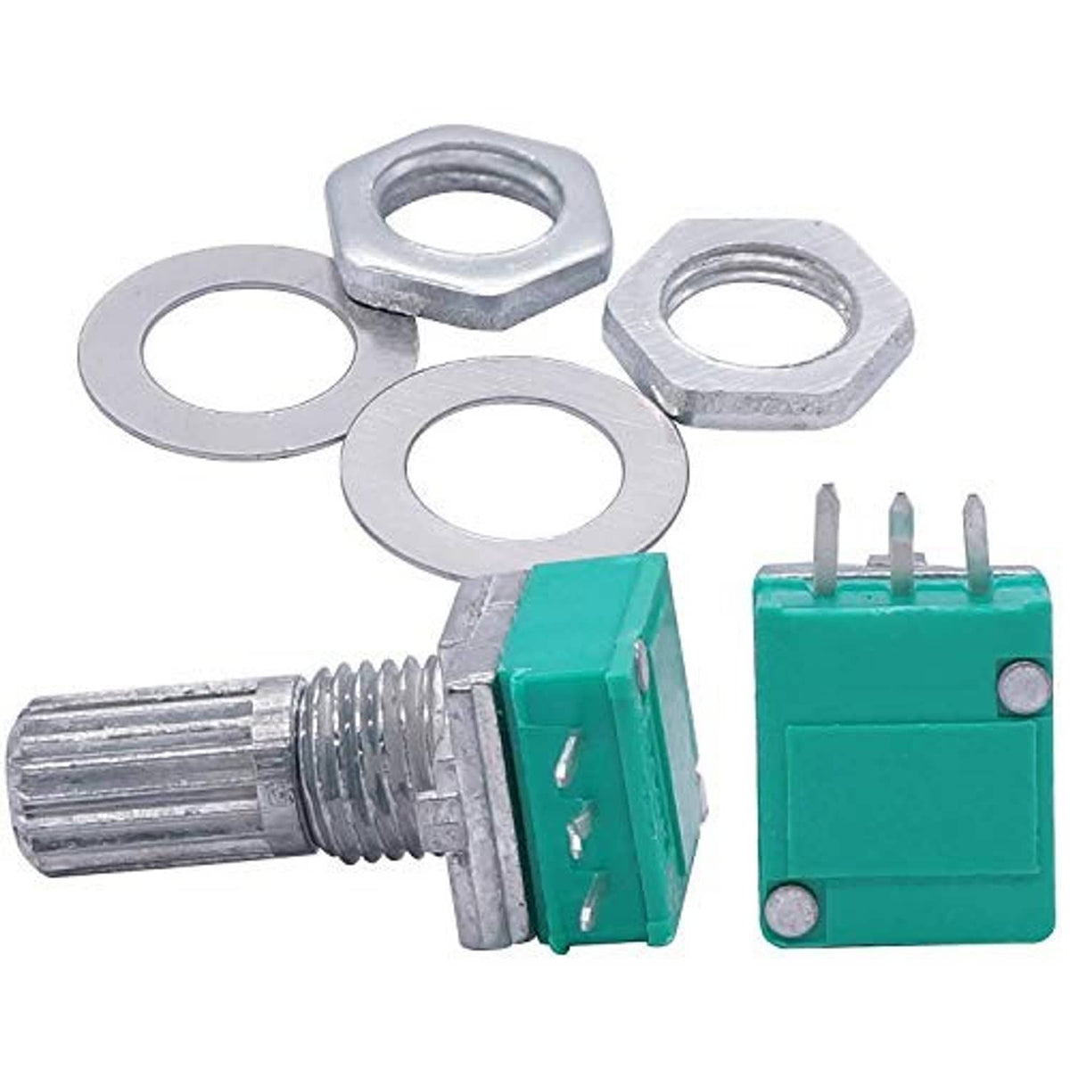 Rotary potentiometer with green PCB base, metal shaft, and mounting nuts with washers