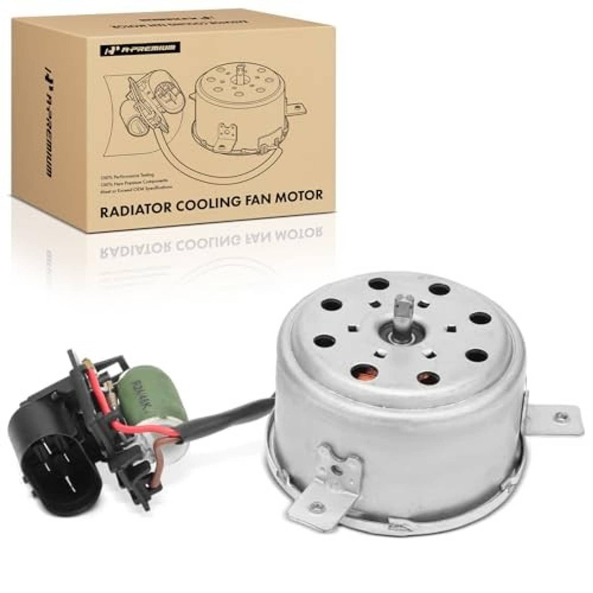 Radiator cooling fan motor with box, silver housing, and black connector pigtail