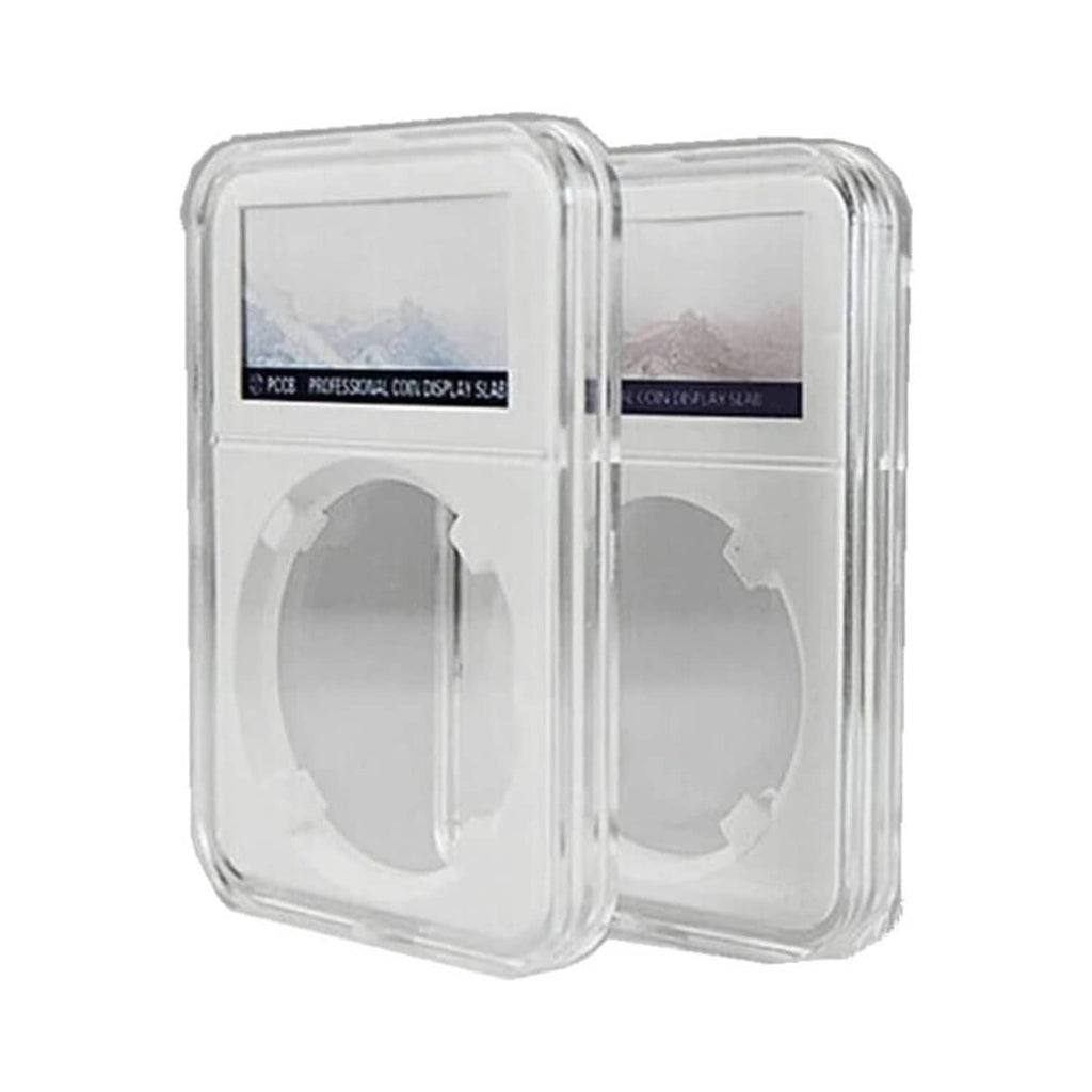 Pair of acrylic coin slab holders, clear cases showing side-by-side coin openings