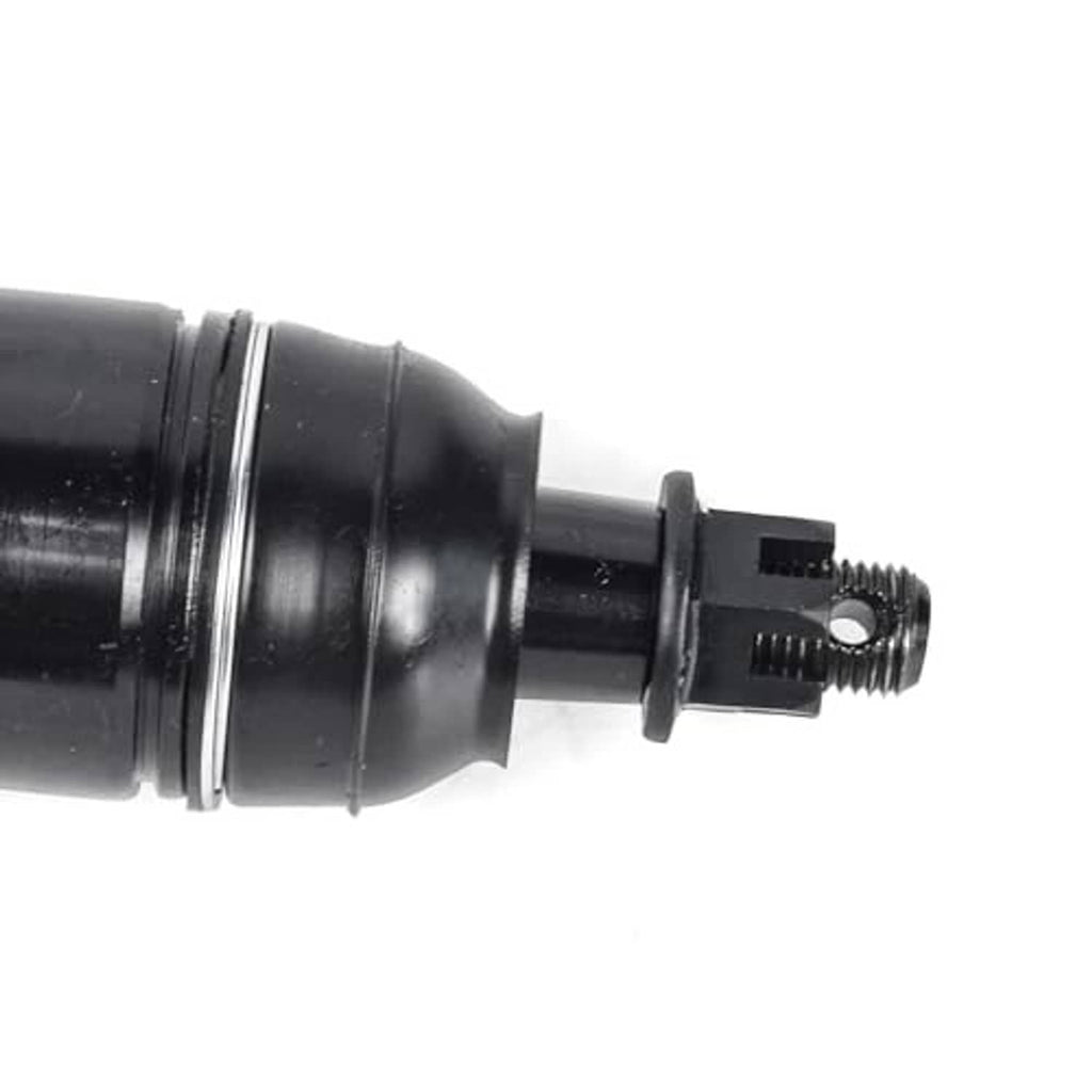 Close-up of black ball joint stud end with mounting hardware and dust boot