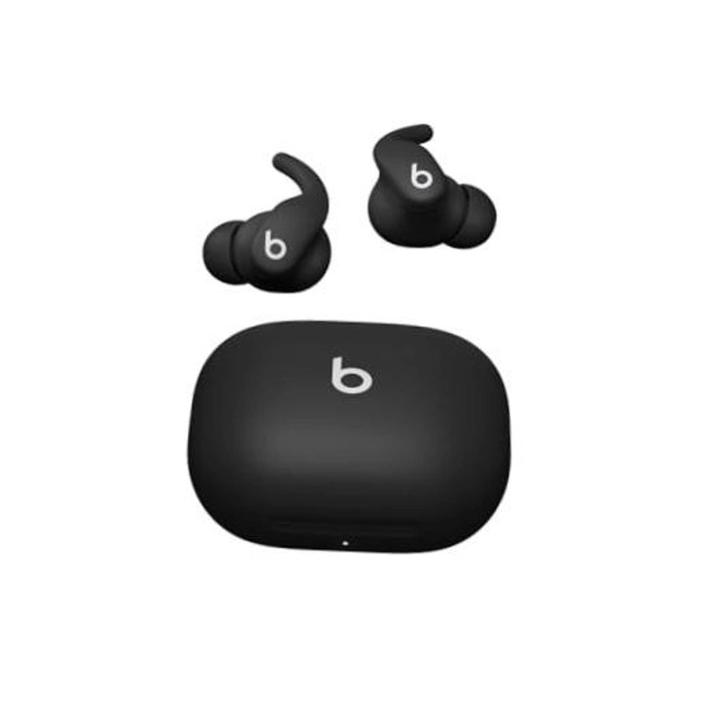 Set of dark wireless earbuds with wing tips and charging case