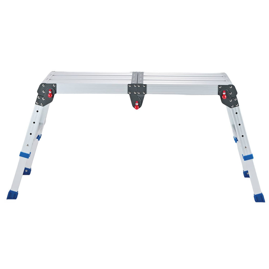 Adjustable folding work platform with four blue-tipped legs and silver frame