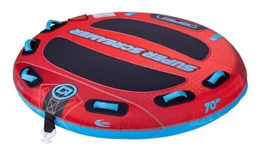 Red and blue towable boating tube for two with black handles and oval openings