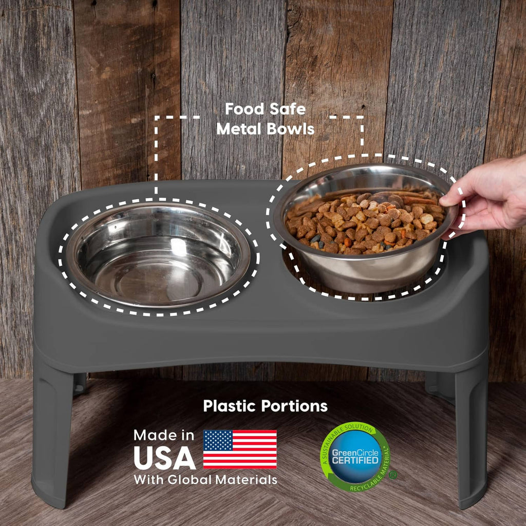 Grey elevated dog bowl set with raised plastic rim and stainless metal bowls