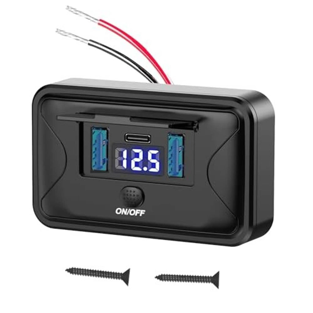 Black USB voltage panel with digital display, USB-C and dual USB-A charging ports, ON/OFF