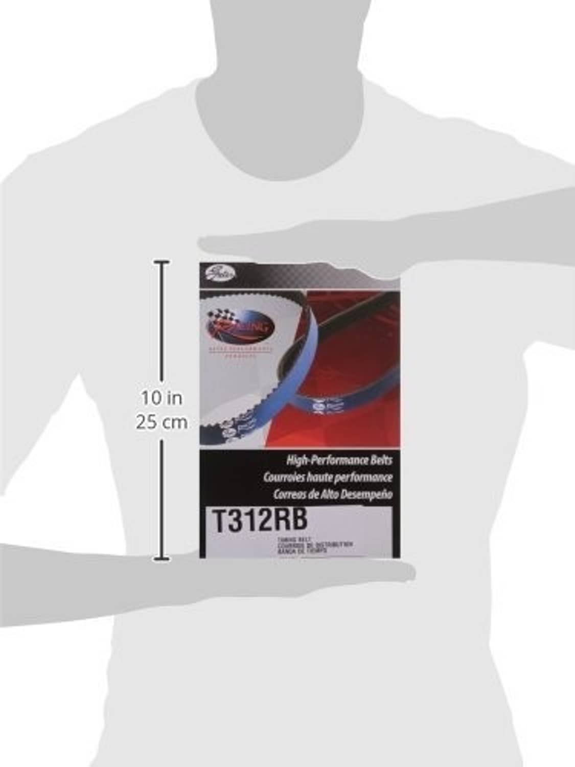 Blue timing belt on packaging with size diagram and T312RB label