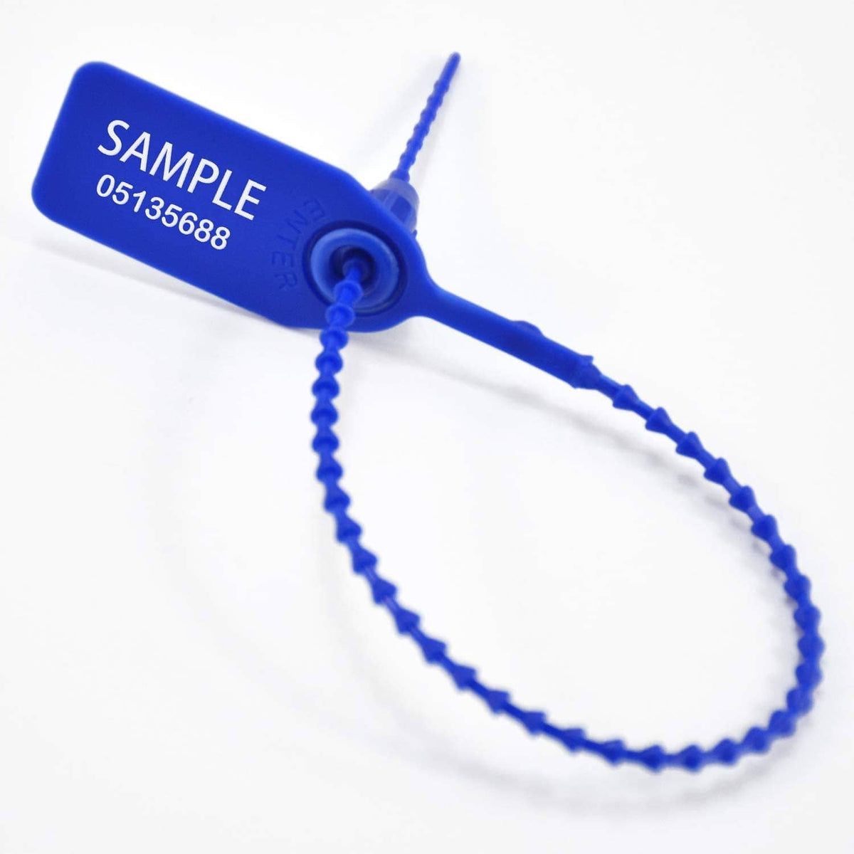 Blue plastic tamper seal zip tie with a loop and label marked “SAMPLE” text.