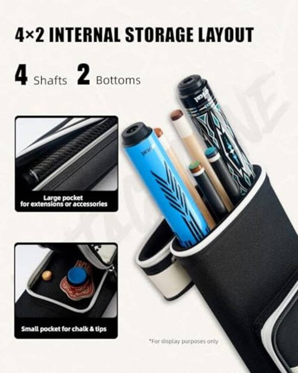 Black pool cue case open with cue slots for shafts and butt storage