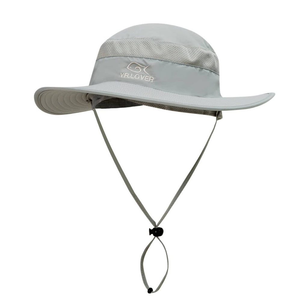 Yr.lover wide-brim fishing cap with chin strap and adjustable neck tie, light gray