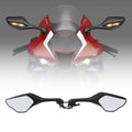 Motorcycle rearview wing mirrors with LED turn signal lights, black housing, pair.