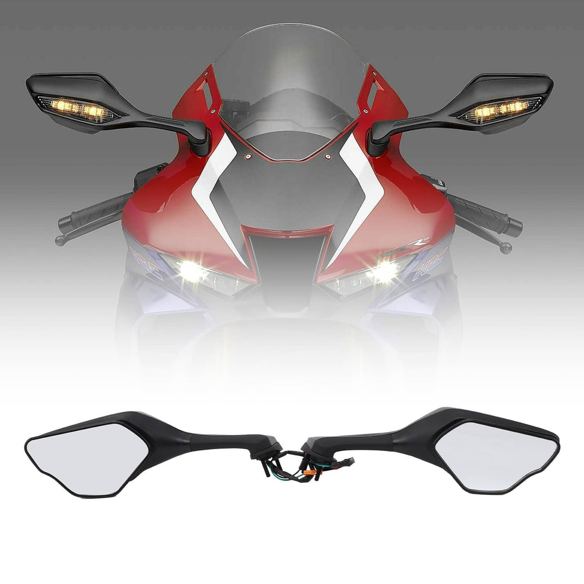 Motorcycle rearview wing mirrors with LED turn signal lights, black housing, pair.