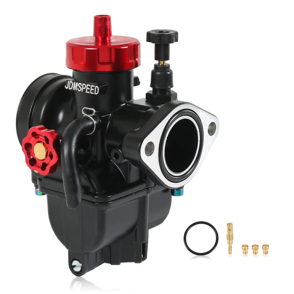 Black carburetor with red top cap and round intake opening with hose fittings