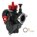 Black carburetor with red top cap and round intake opening with hose fittings