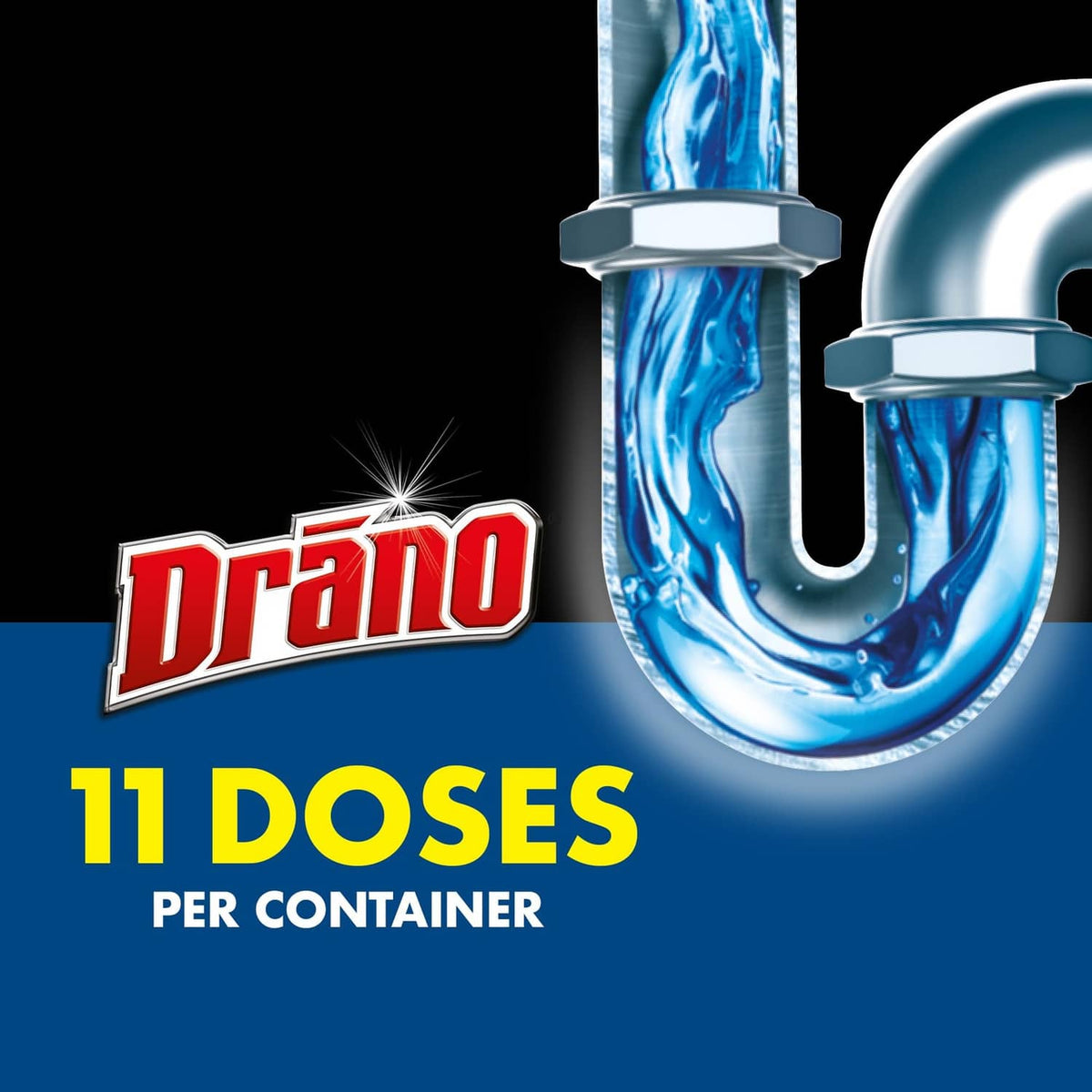 Drain clog remover granules with U-pipe illustration and blue water stream