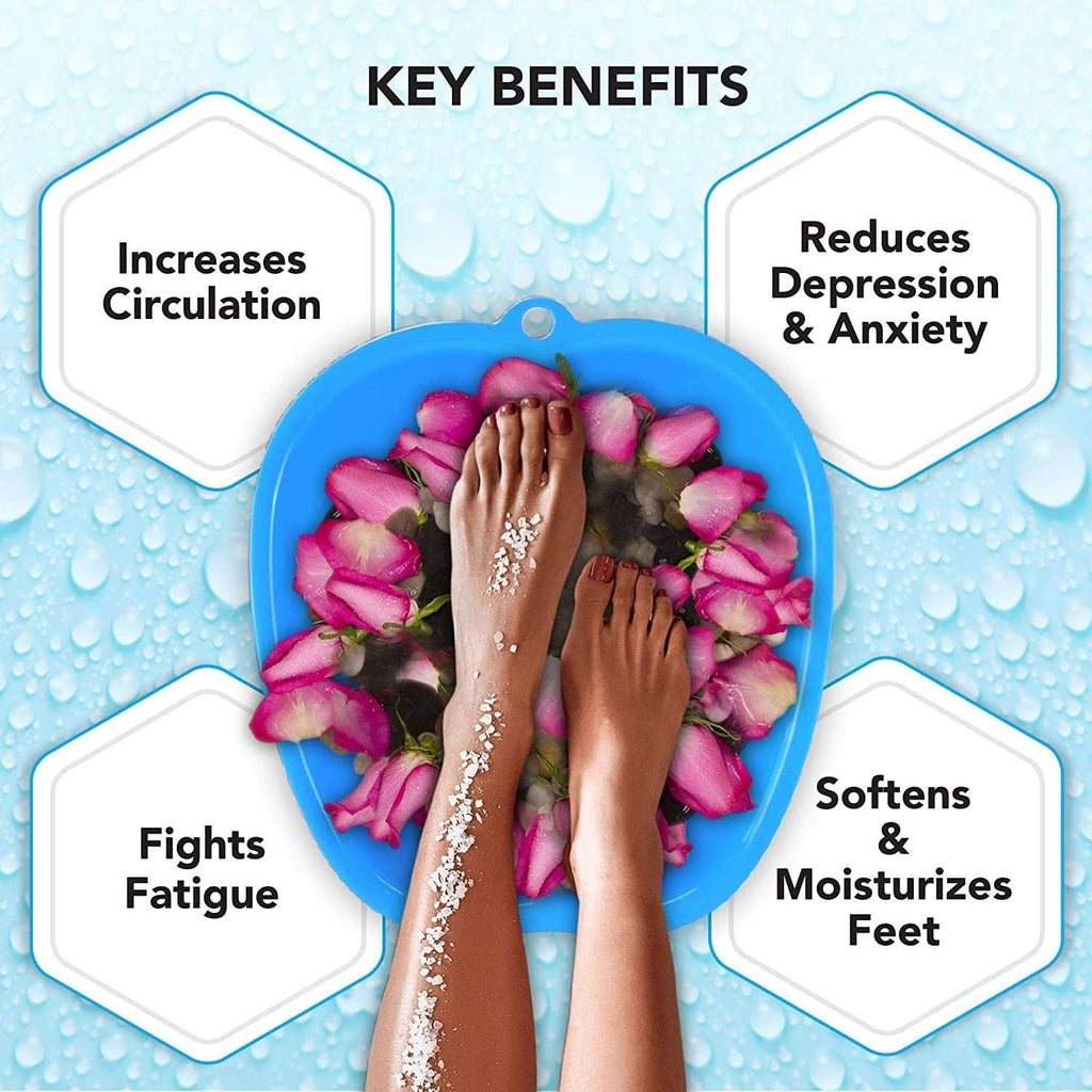 Blue foot bath tub filled with water and rose petals for soaking