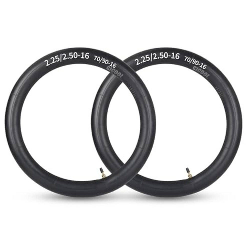 Two black dirt bike inner tubes side by side with valve stems, 2.25/2.50-16