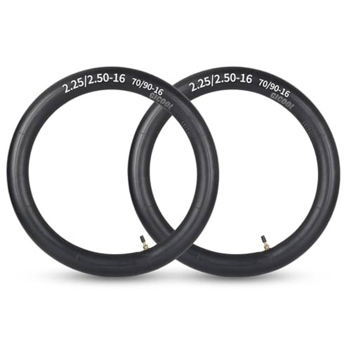 Two black dirt bike inner tubes side by side with valve stems, 2.25/2.50-16