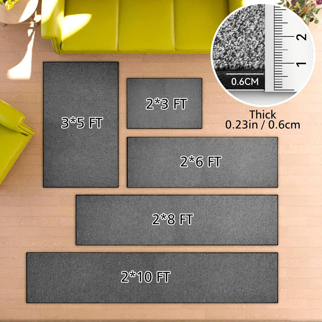 Charcoal gray runner rug rectangle size options shown on a floor layout