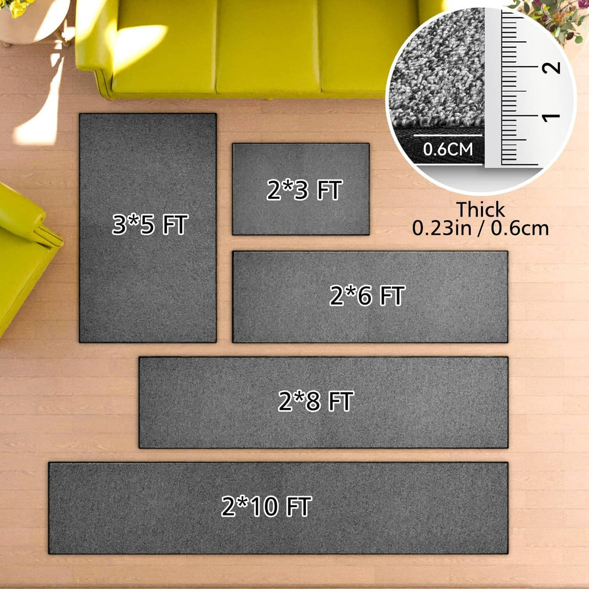 Charcoal gray runner rug rectangle size options shown on a floor layout