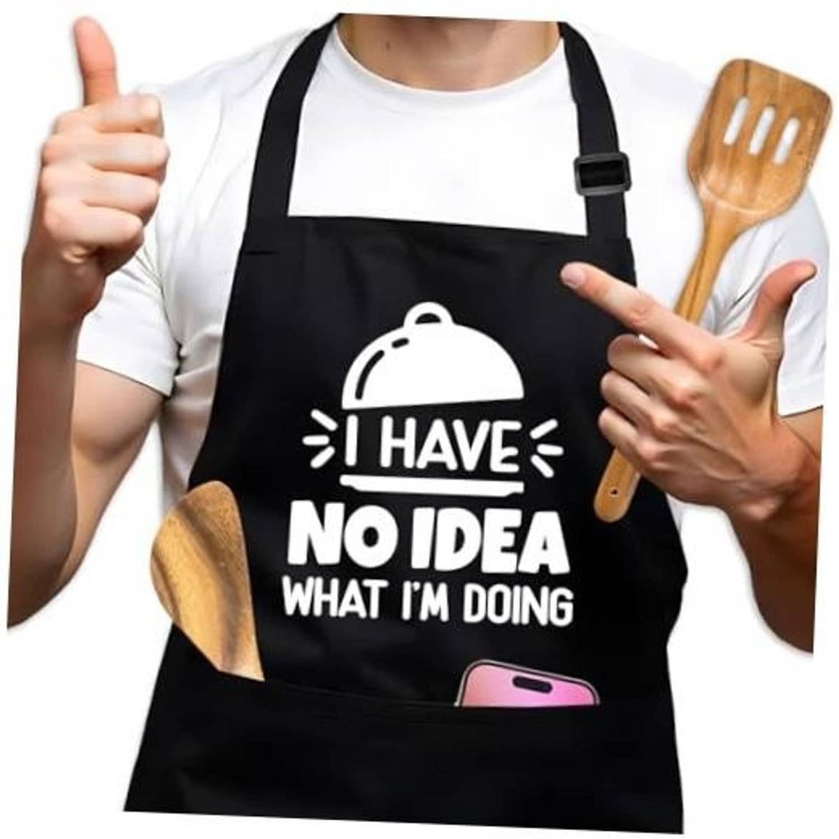 Black adjustable cooking apron with front pocket and humorous "I have no idea" print