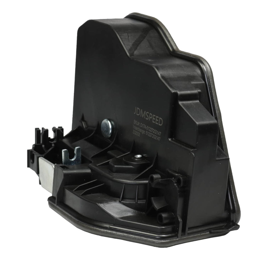 Power door lock latch actuator angled view, black casing with circular metal fastener