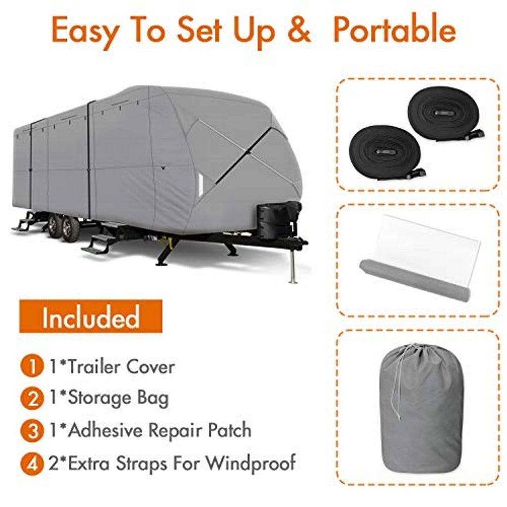 Grey travel trailer cover kit with storage bag, adhesive patch, and extra windproof straps