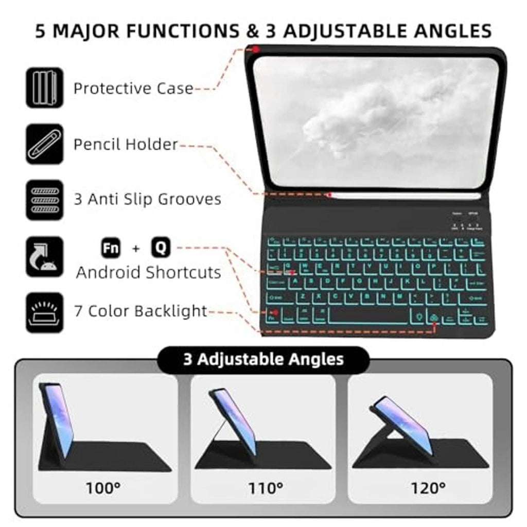 Backlit tablet keyboard case with adjustable angles and anti-slip grip grooves
