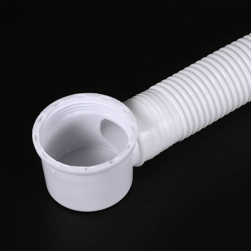 White ABS drain stopper cup attached to ribbed corrugated drain pipe