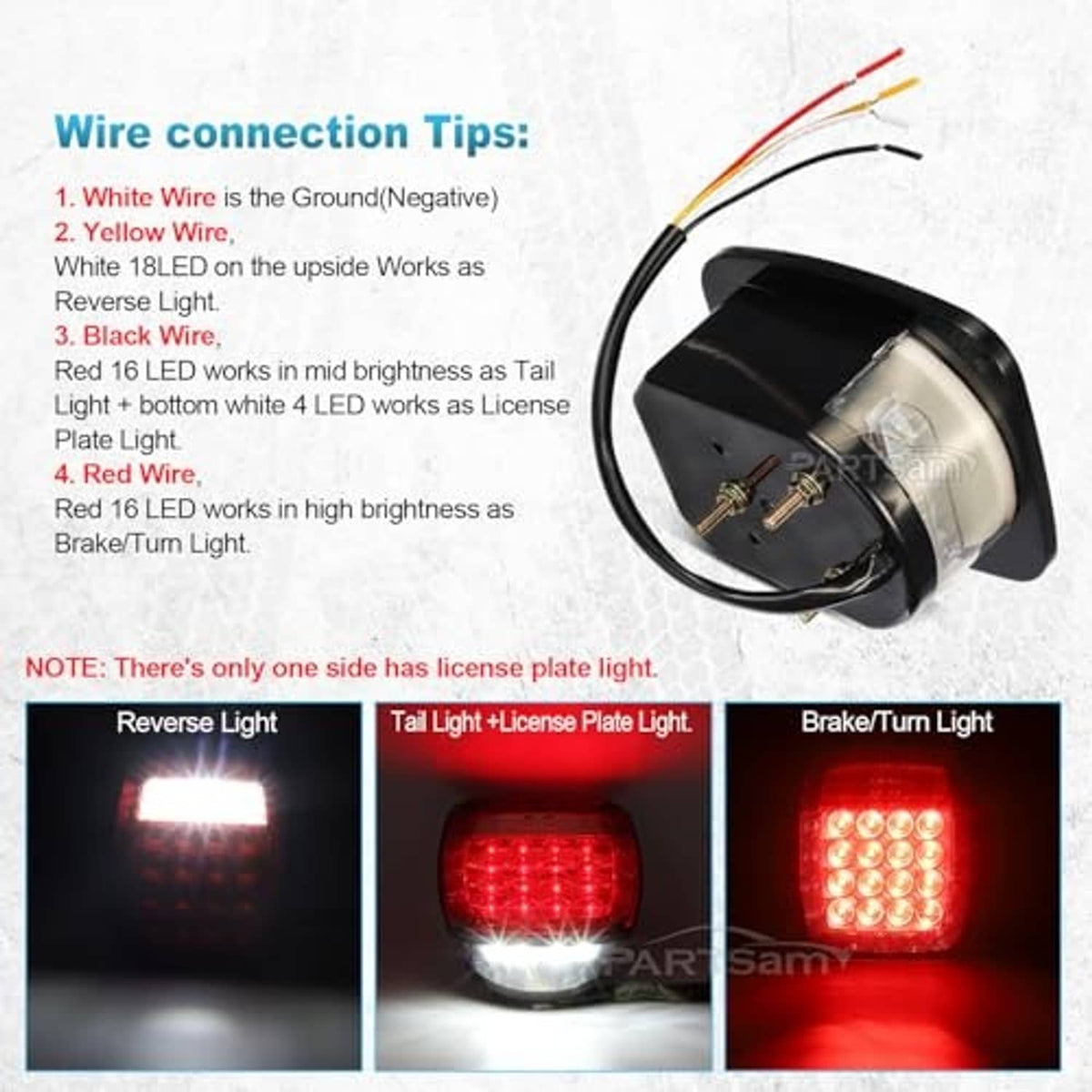LED license plate light wiring setup with wire leads and connector ends
