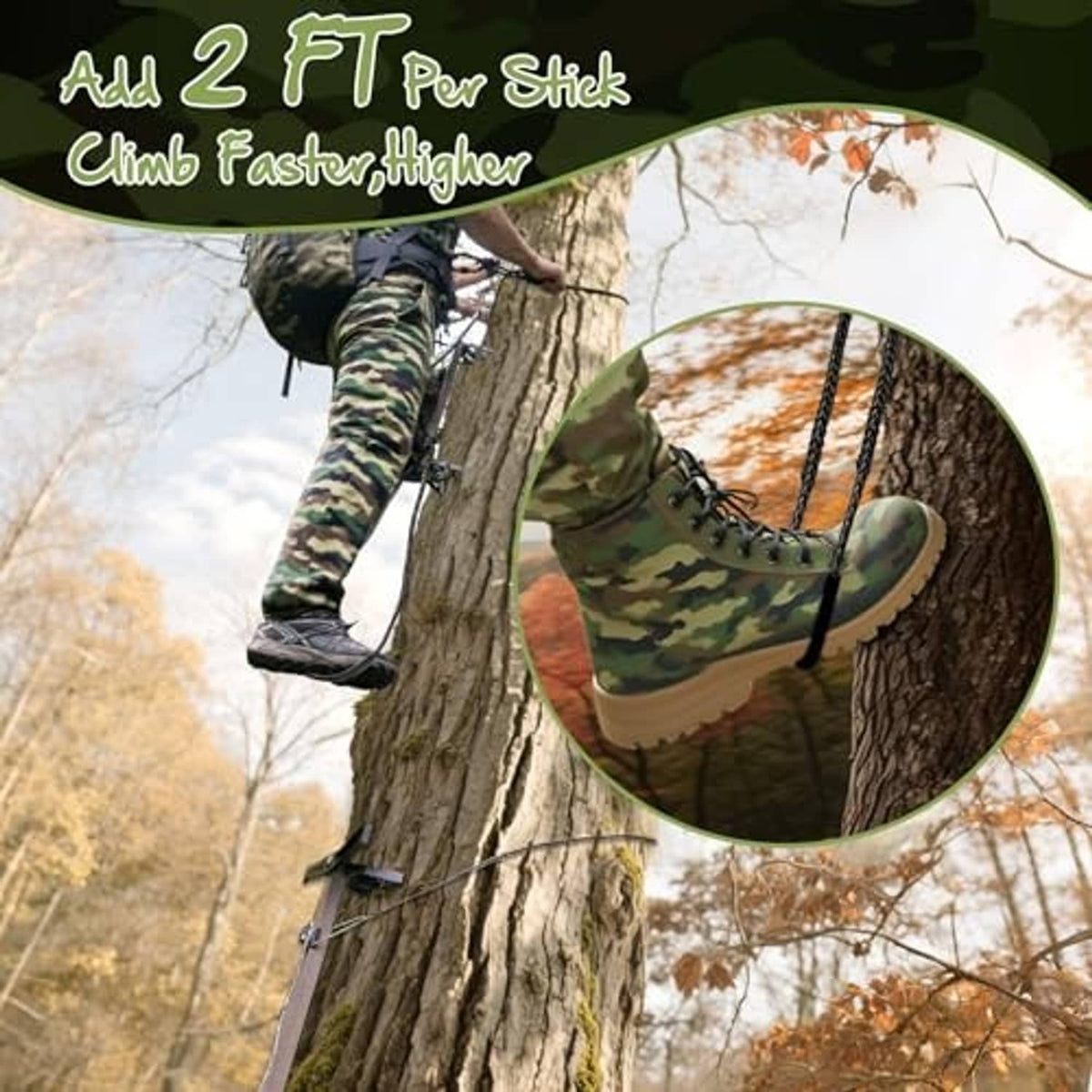 Black climbing stick aider attached to tree with boot in the loop