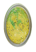 Lime green speckled fishing bait lure in clear oval case