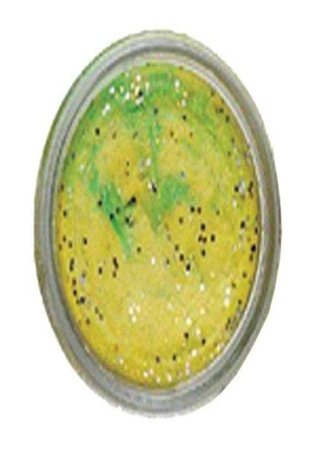 Lime green speckled fishing bait lure in clear oval case