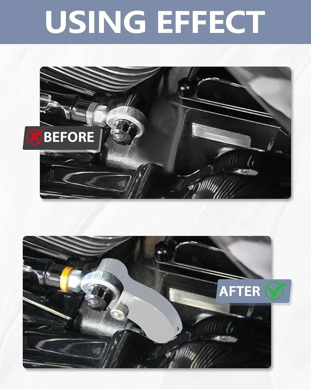 Black shift arm bracket installed on motorcycle shifter linkage next to gear rod