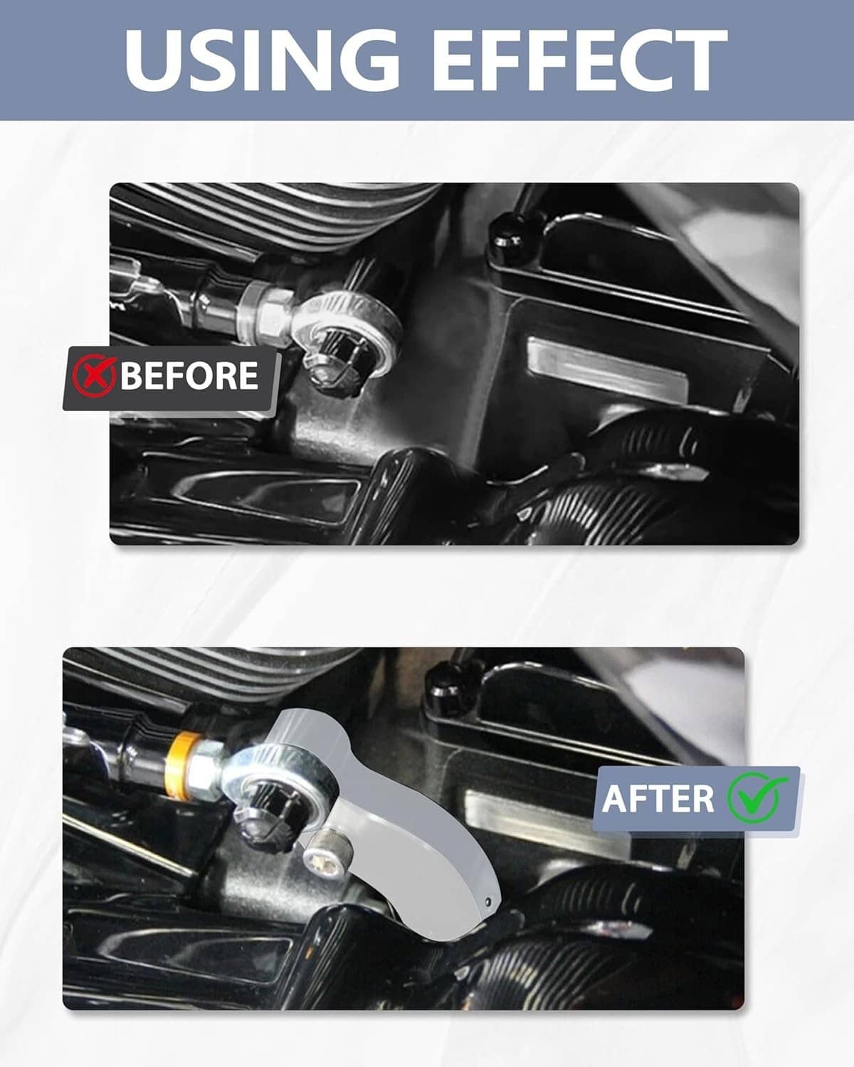 Black shift arm bracket installed on motorcycle shifter linkage next to gear rod
