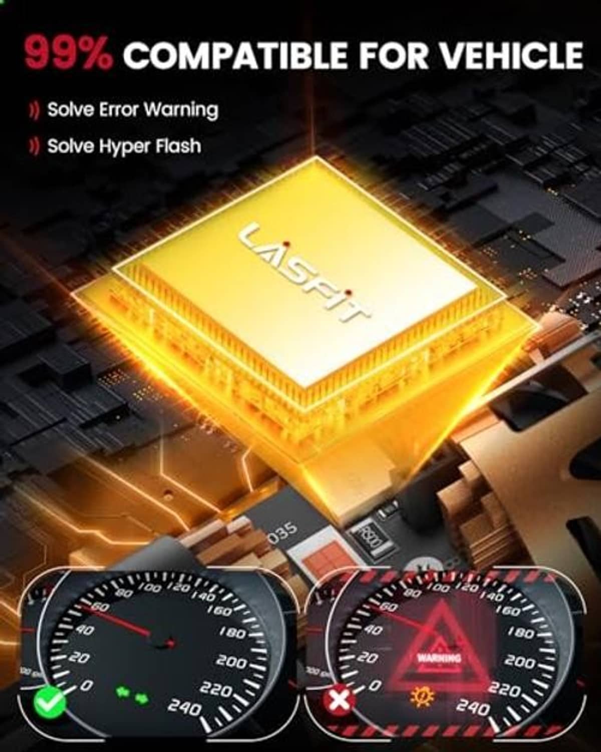 Yellow-lit LED driver bulb module with LASFIT logo on copper-and-black housing