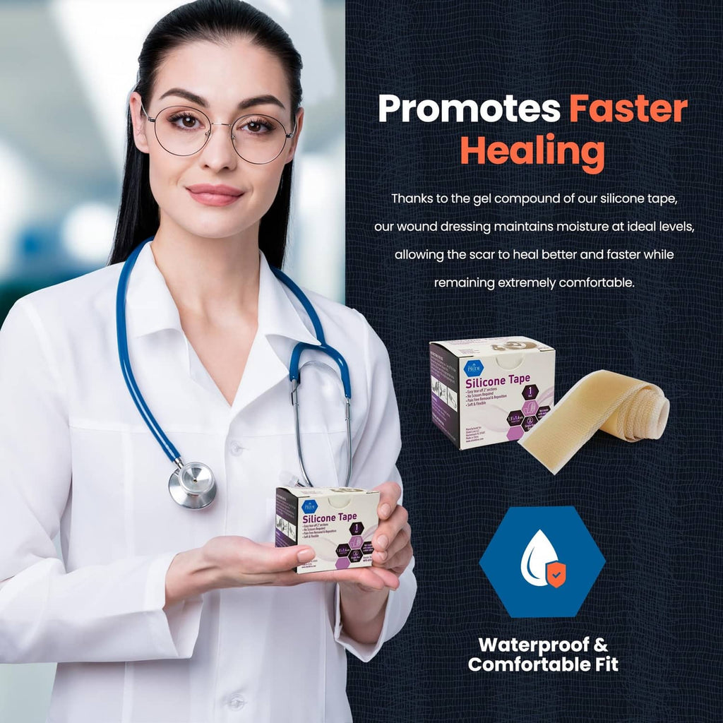 Beige silicone wound tape roll held beside product box by a healthcare professional
