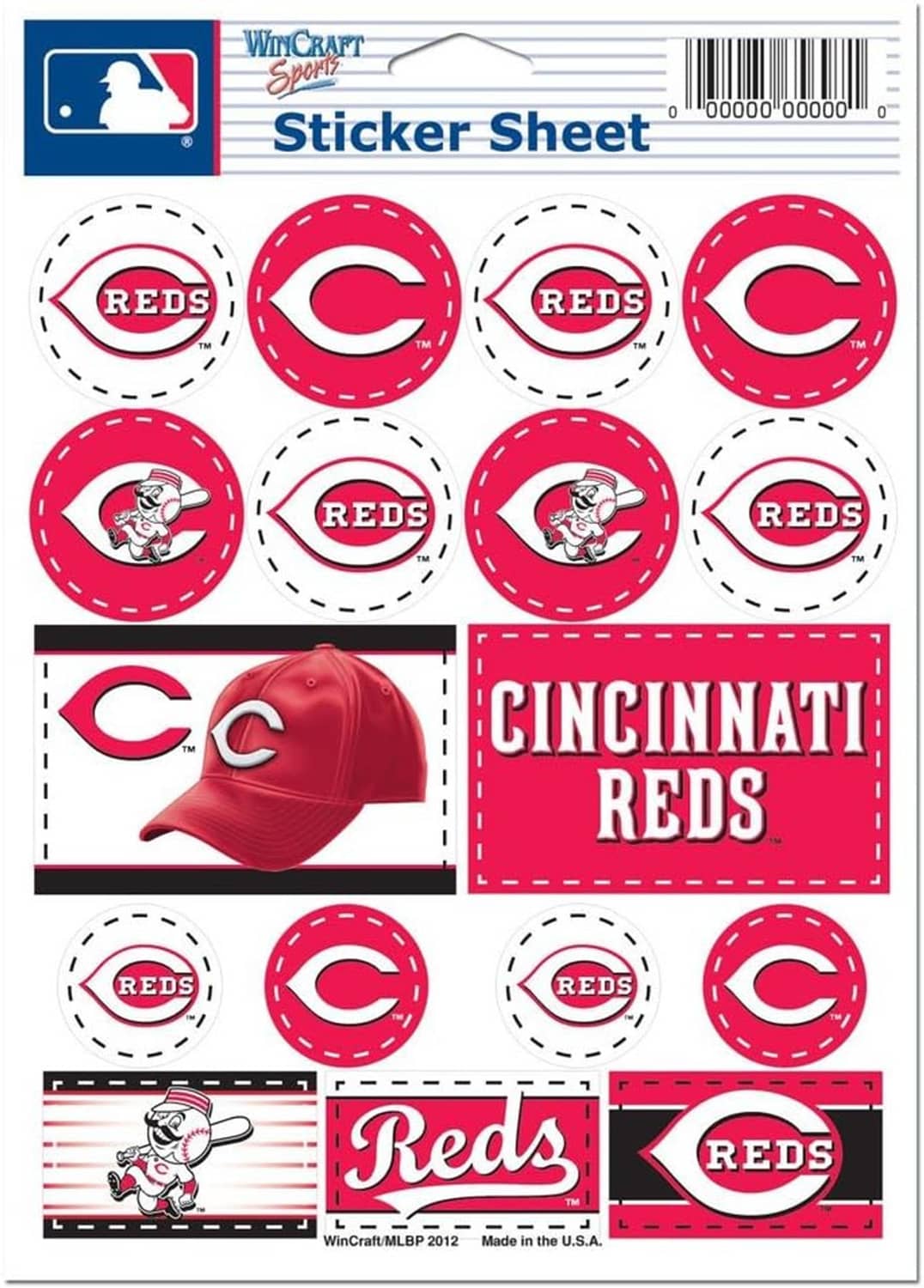 Vinyl sticker sheet with Cincinnati Reds round emblems, “Cincinnati Reds” lettering, and cap
