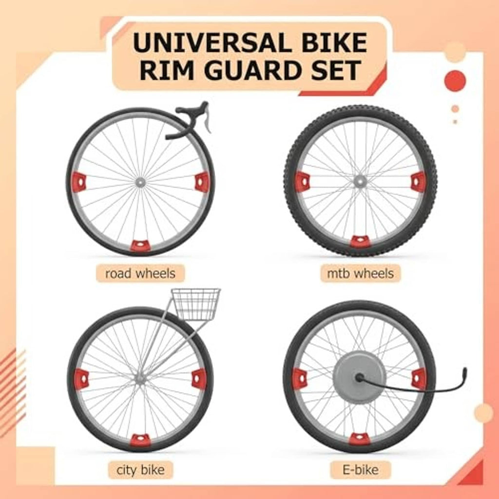 Universal red rim guard set of 2 shown on road, MTB, city, and e-bike wheels