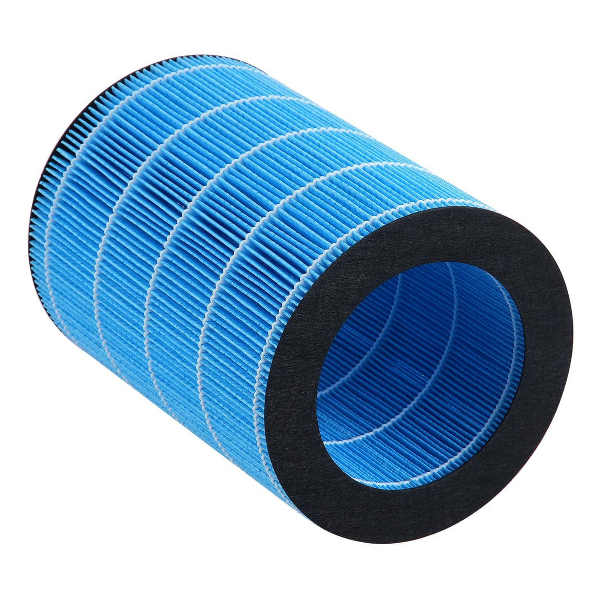 Blue pleated filter cartridge cylinder with black end cap, angled view
